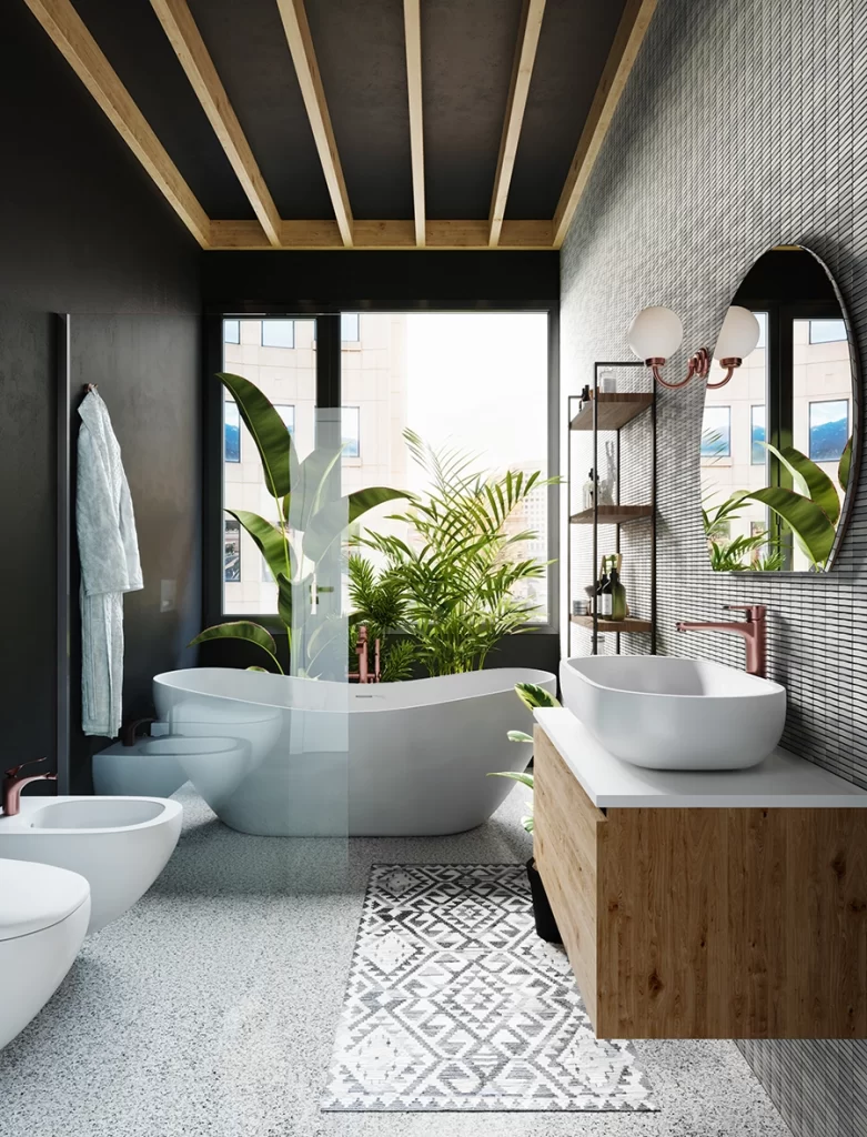 Modernt badrum med vitt badkar, och härliga gröna växter.